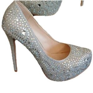 Silver Rhinestone Embellished Stilleto Platform 5' Lauren‎ Lorraine Sz 8.5 #1000